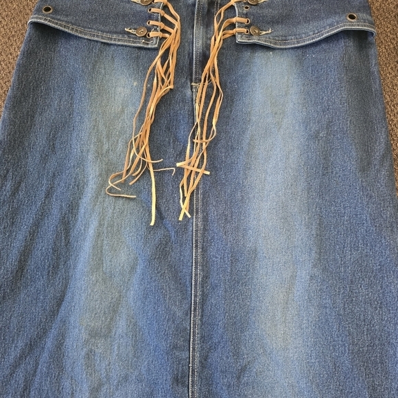 Jukebox Denim Fringe Maxi Skirt Women Sz 16 Blue Flare Back Slit Waist Belt - Picture 4 of 13